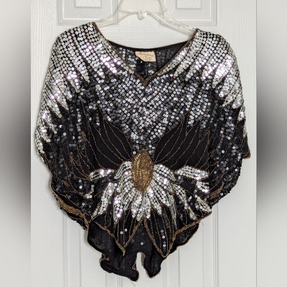 Vintage Women's 100% Silk Sequins & Beaded V-Neck Sleeveless Top/Blouse/Cape